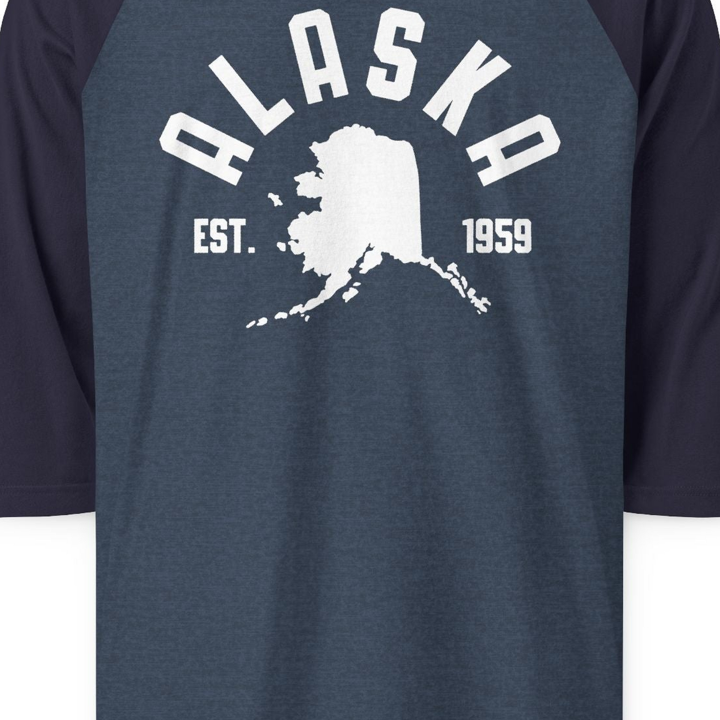 Vintage Alaska State Outline Est 1959 Retro Collegiate Shirt — 3/4 Sleeve 3/4 Sleeve Raglan Shirt – Heather Denim/Navy – Alaska Cruise Shirts Close Up