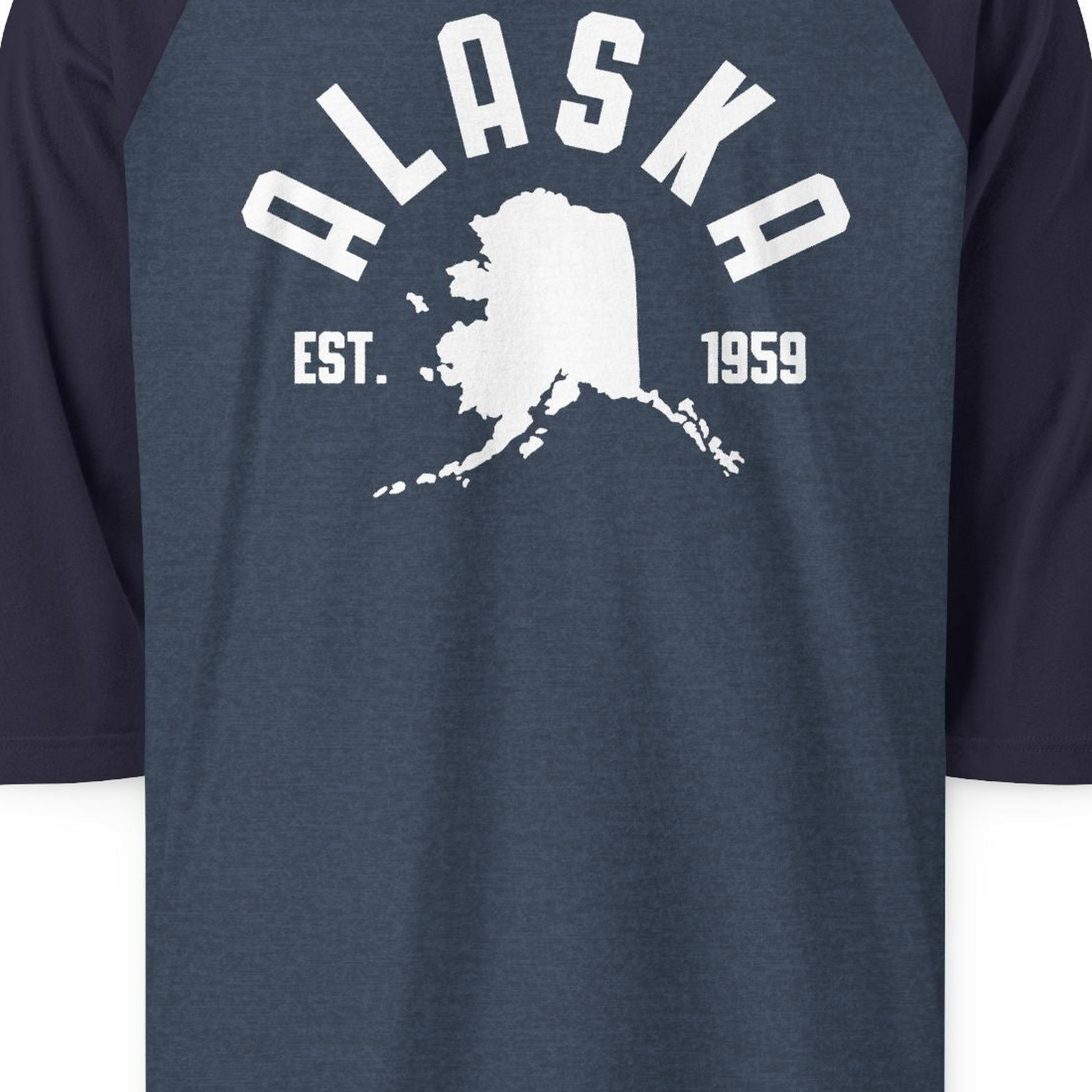 Vintage Alaska State Outline Est 1959 Retro Collegiate Shirt — 3/4 Sleeve 3/4 Sleeve Raglan Shirt – Heather Denim/Navy – Alaska Cruise Shirts Close Up