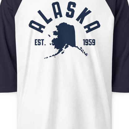 Vintage Alaska State Outline Est 1959 Retro Collegiate Shirt — 3/4 Sleeve 3/4 Sleeve Raglan Shirt – White/Navy – Alaska Cruise Shirts Close Up