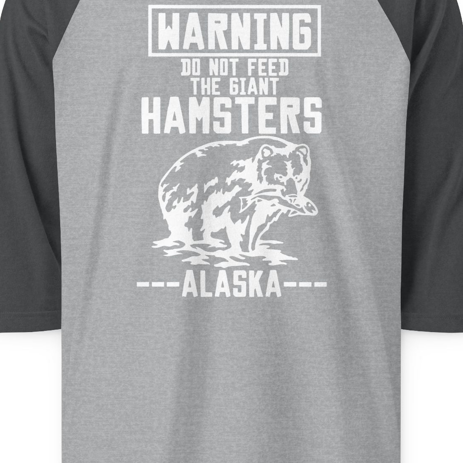 Funny Alaska Bear Warning Sign Shirt 3/4 Sleeve Raglan Shirt – Heather Grey/Heather Charcoal – Alaska Cruise Shirts Close Up