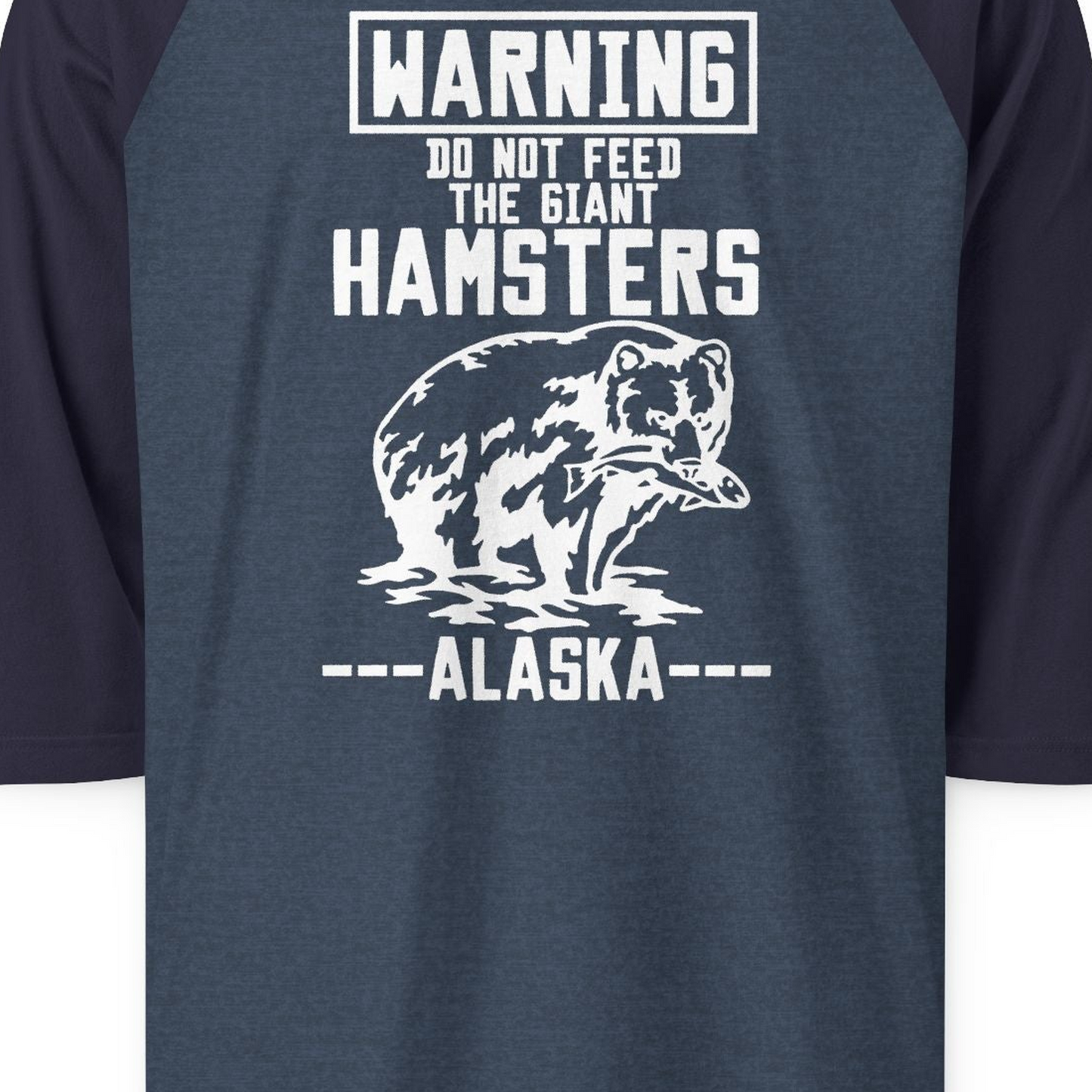 Funny Alaska Bear Warning Sign Shirt 3/4 Sleeve Raglan Shirt – Heather Denim/Navy – Alaska Cruise Shirts Close Up