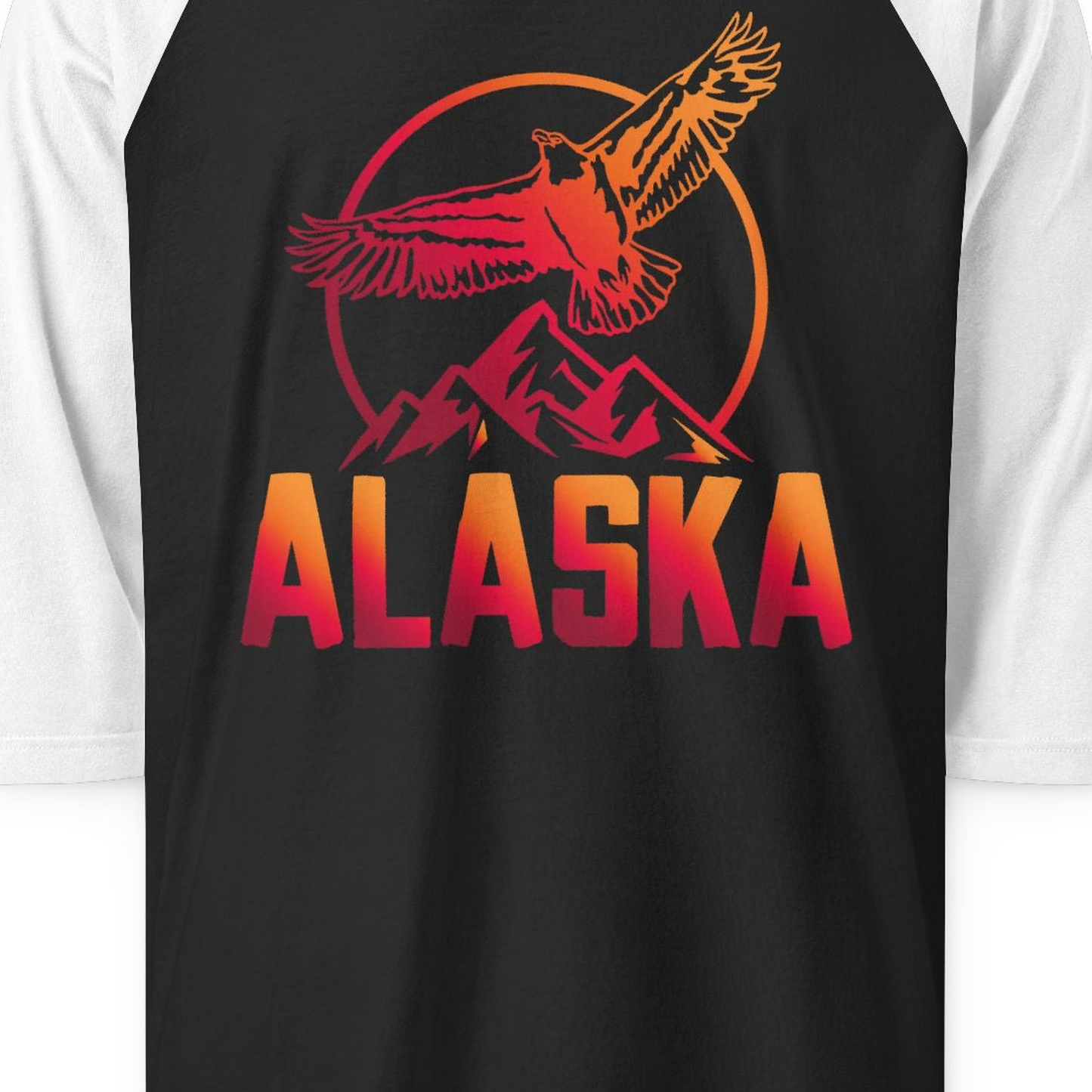 Alaska Eagle Mountains Graphic Shirt 3/4 Sleeve Raglan Shirt – Black/White – Alaska Cruise Shirts Close Up