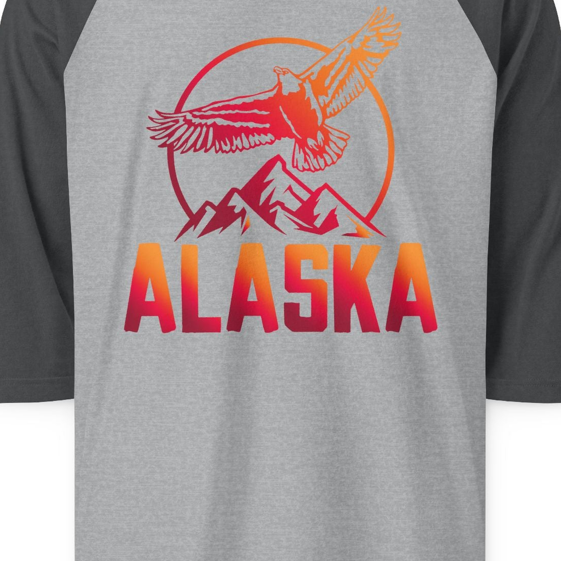 Alaska Eagle Mountains Graphic Shirt 3/4 Sleeve Raglan Shirt – Heather Grey/Heather Charcoal – Alaska Cruise Shirts Close Up