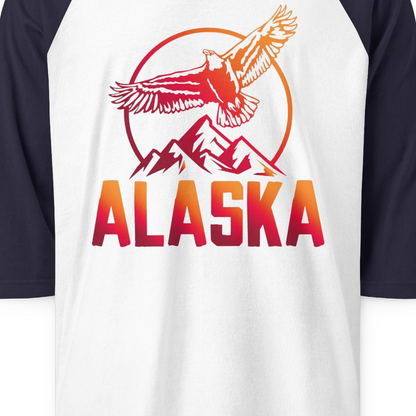 Alaska Eagle Mountains Graphic Shirt 3/4 Sleeve Raglan Shirt – White/Navy – Alaska Cruise Shirts Close Up