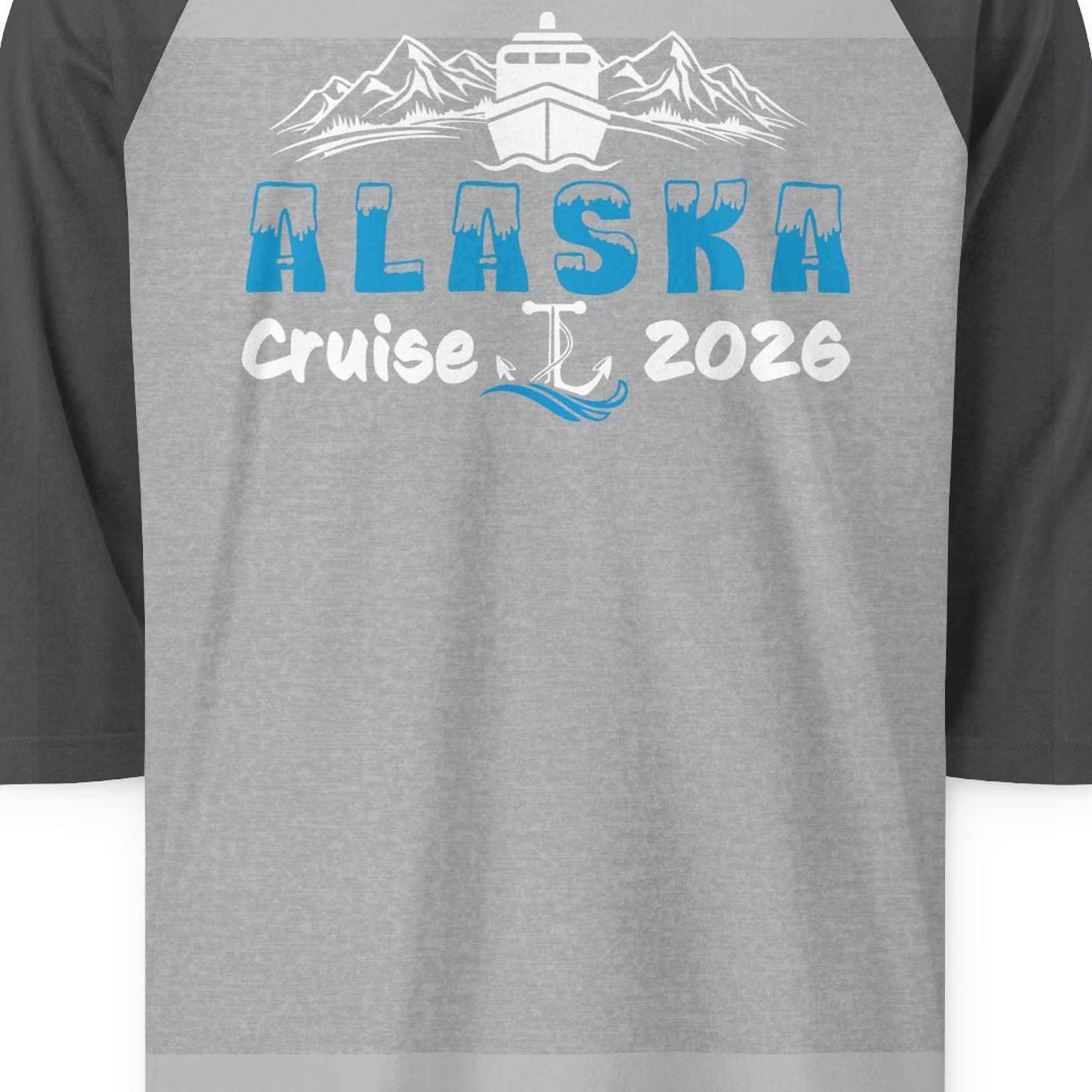 Alaska Cruise 2026 Shirt 3/4 Sleeve Raglan Shirt – Heather Grey/Heather Charcoal – Alaska Cruise Shirts Close Up