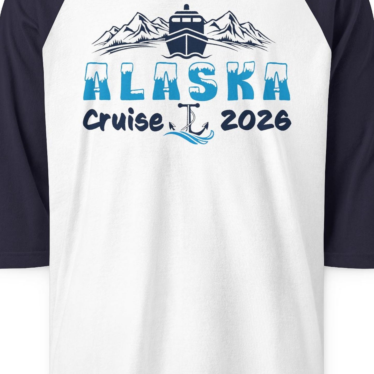 Alaska Cruise 2026 Shirt 3/4 Sleeve Raglan Shirt – White/Navy – Alaska Cruise Shirts Close Up