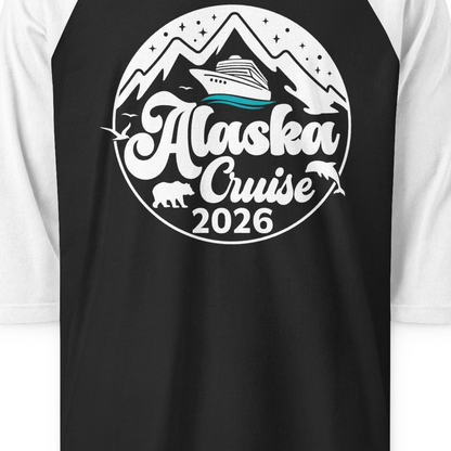 Alaska Cruise 2026 Shirt 3/4 Sleeve Raglan Shirt – Black/White – Alaska Cruise Shirts Close Up
