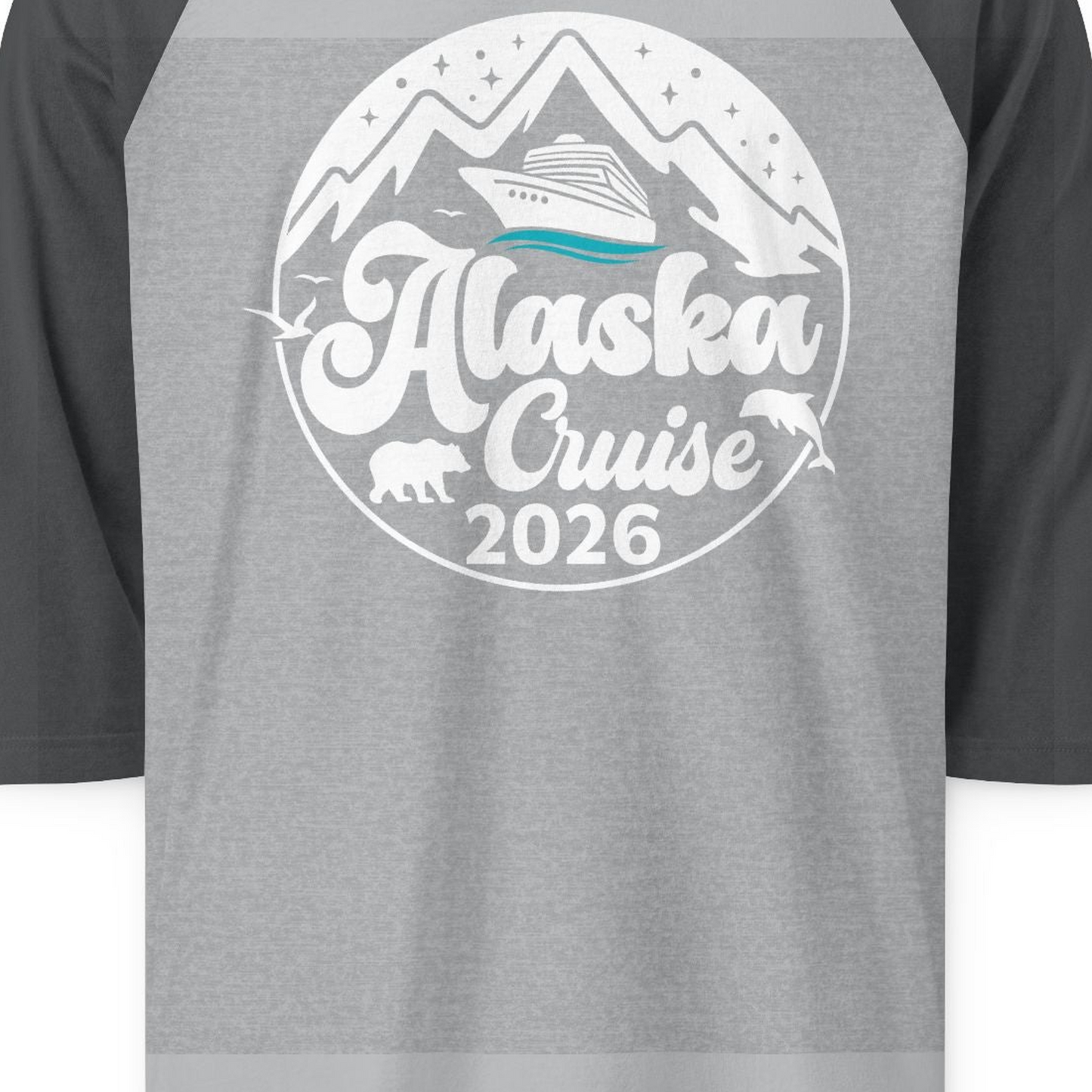 Alaska Cruise 2026 Shirt 3/4 Sleeve Raglan Shirt – Heather Grey/Heather Charcoal – Alaska Cruise Shirts Close Up