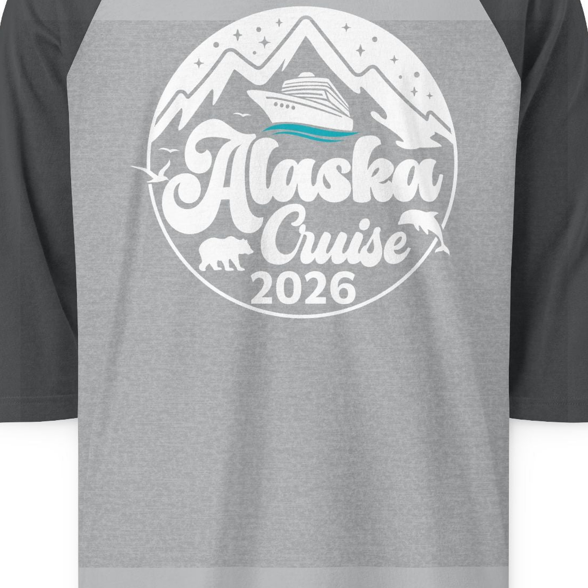 Alaska Cruise 2026 Shirt 3/4 Sleeve Raglan Shirt – Heather Grey/Heather Charcoal – Alaska Cruise Shirts Close Up