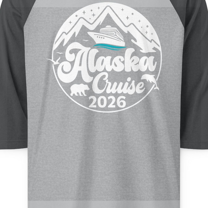 Alaska Cruise 2026 Shirt 3/4 Sleeve Raglan Shirt – Heather Grey/Heather Charcoal – Alaska Cruise Shirts Close Up