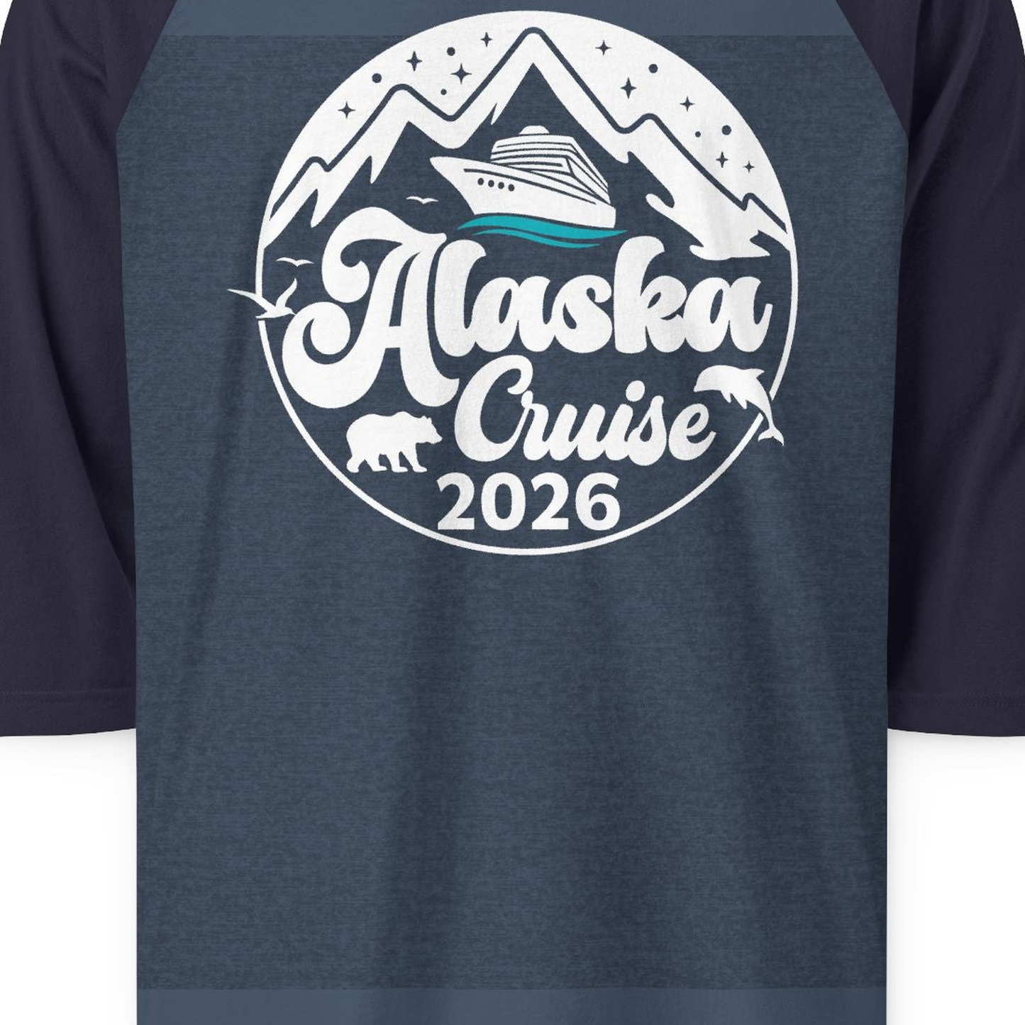 Alaska Cruise 2026 Shirt 3/4 Sleeve Raglan Shirt – Heather Denim/Navy – Alaska Cruise Shirts Close Up