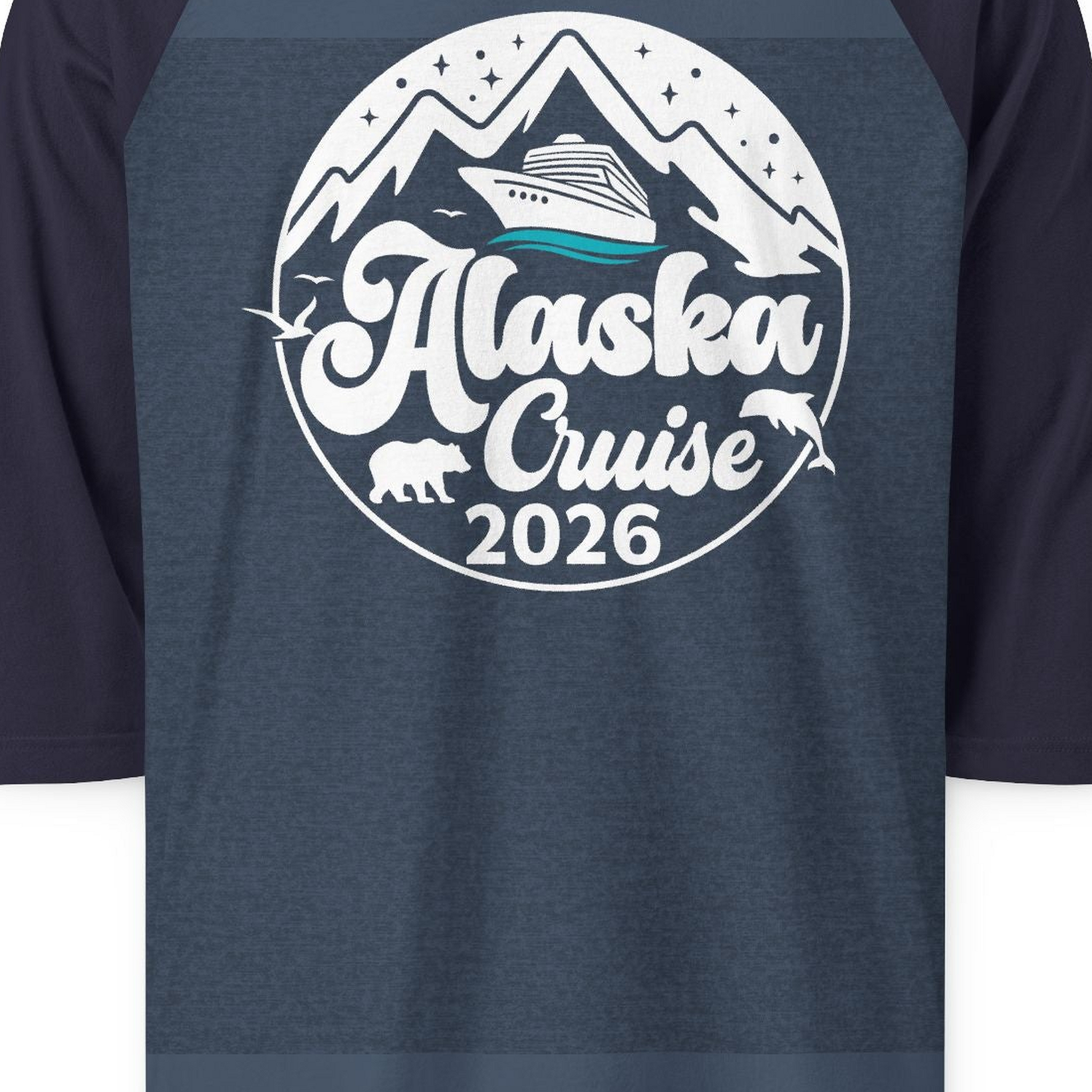 Alaska Cruise 2026 Shirt 3/4 Sleeve Raglan Shirt – Heather Denim/Navy – Alaska Cruise Shirts Close Up