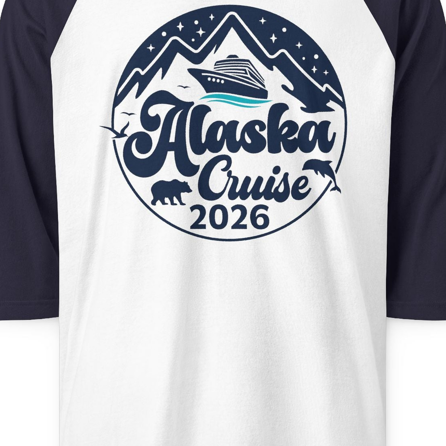 Alaska Cruise 2026 Shirt 3/4 Sleeve Raglan Shirt – White/Navy – Alaska Cruise Shirts Close Up