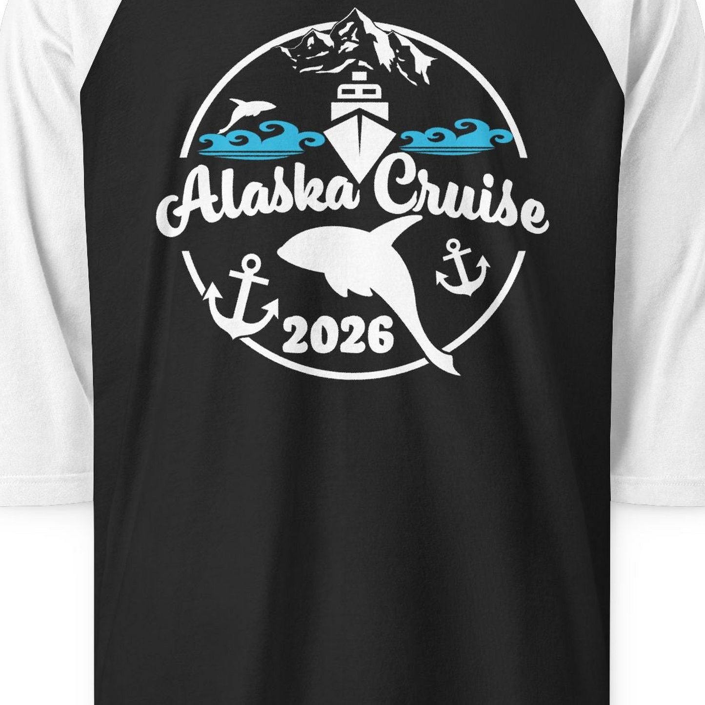 Alaska Cruise 2026 Shirt 3/4 Sleeve Raglan Shirt – Black/White – Alaska Cruise Shirts Close Up