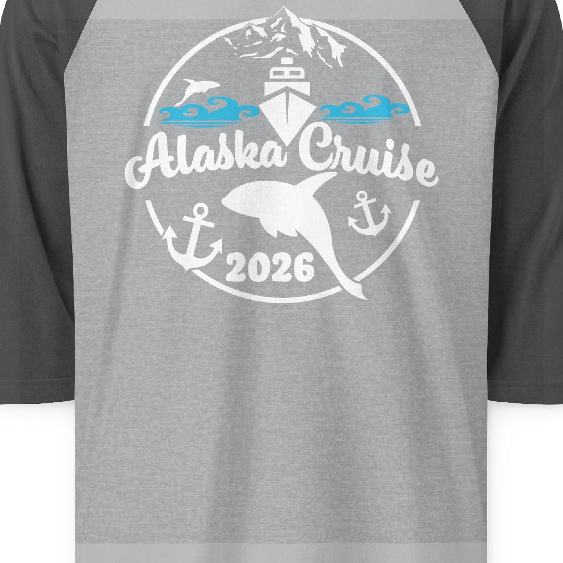 Alaska Cruise 2026 Shirt 3/4 Sleeve Raglan Shirt – Heather Grey/Heather Charcoal – Alaska Cruise Shirts Close Up