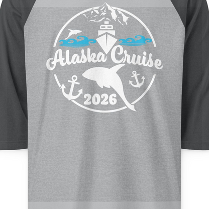 Alaska Cruise 2026 Shirt 3/4 Sleeve Raglan Shirt – Heather Grey/Heather Charcoal – Alaska Cruise Shirts Close Up