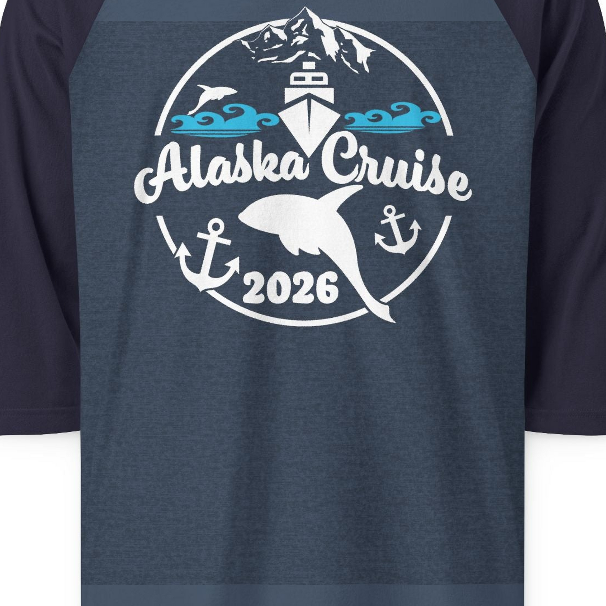 Alaska Cruise 2026 Shirt 3/4 Sleeve Raglan Shirt – Heather Denim/Navy – Alaska Cruise Shirts Close Up
