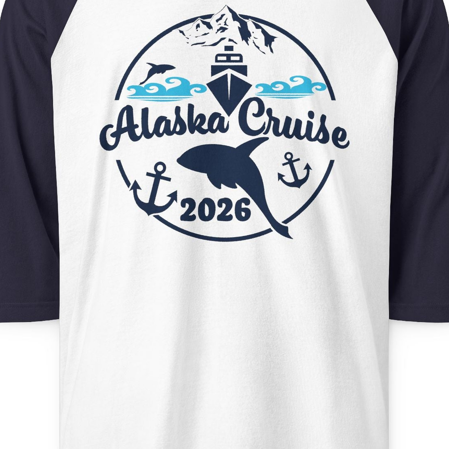 Alaska Cruise 2026 Shirt 3/4 Sleeve Raglan Shirt – White/Navy – Alaska Cruise Shirts Close Up