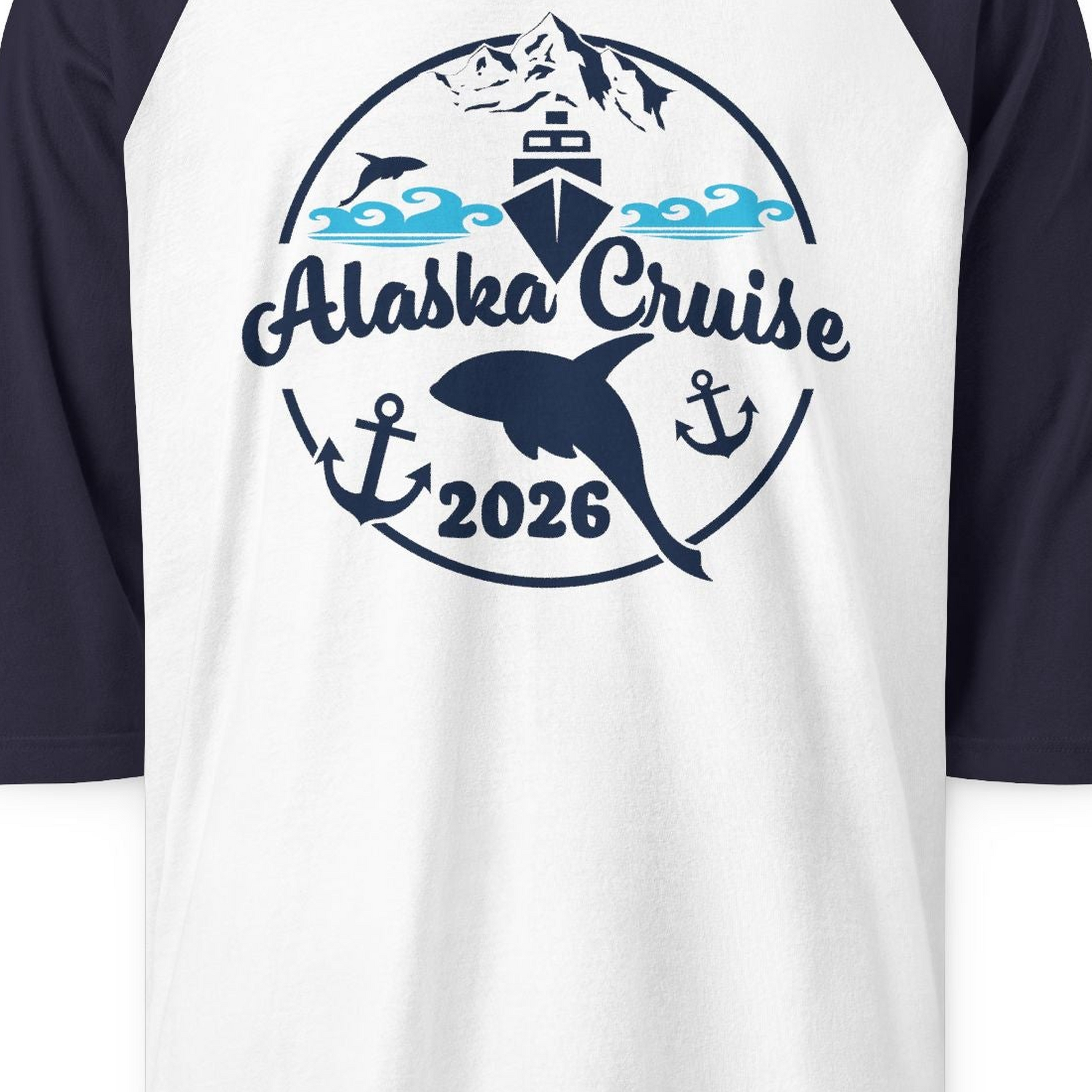 Alaska Cruise 2026 Shirt 3/4 Sleeve Raglan Shirt – White/Navy – Alaska Cruise Shirts Close Up
