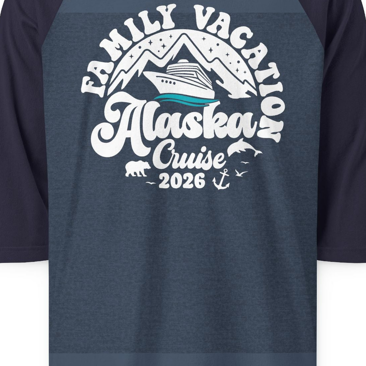 Alaska Family Cruise Shirt 3/4 Sleeve Raglan Shirt – Heather Denim/Navy – Alaska Cruise Shirts Close Up
