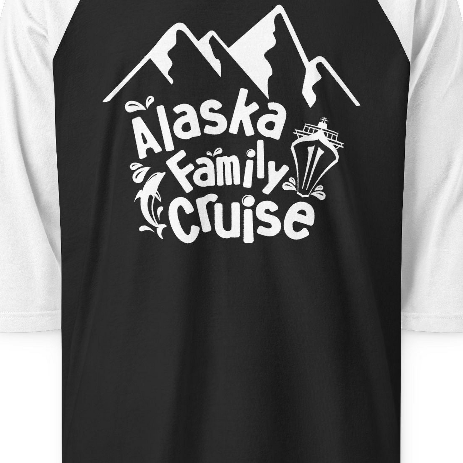 Alaska Family Cruise Adventure Shirt 3/4 Sleeve Raglan Shirt – Black/White – Alaska Cruise Shirts Close Up