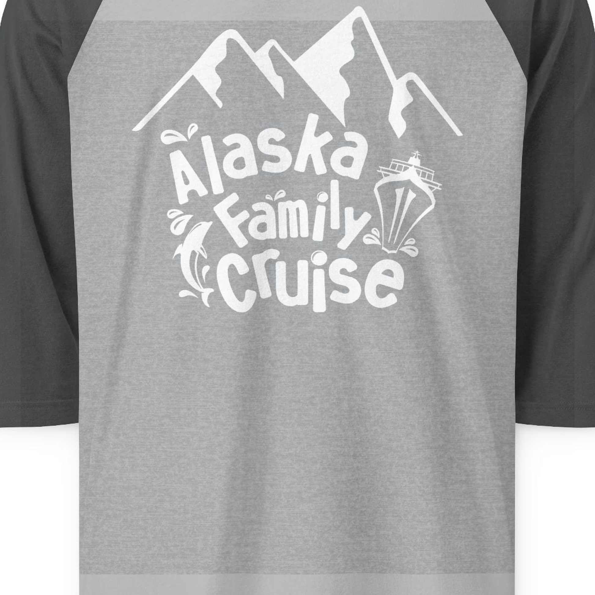 Alaska Family Cruise Adventure Shirt 3/4 Sleeve Raglan Shirt – Heather Grey/Heather Charcoal – Alaska Cruise Shirts Close Up