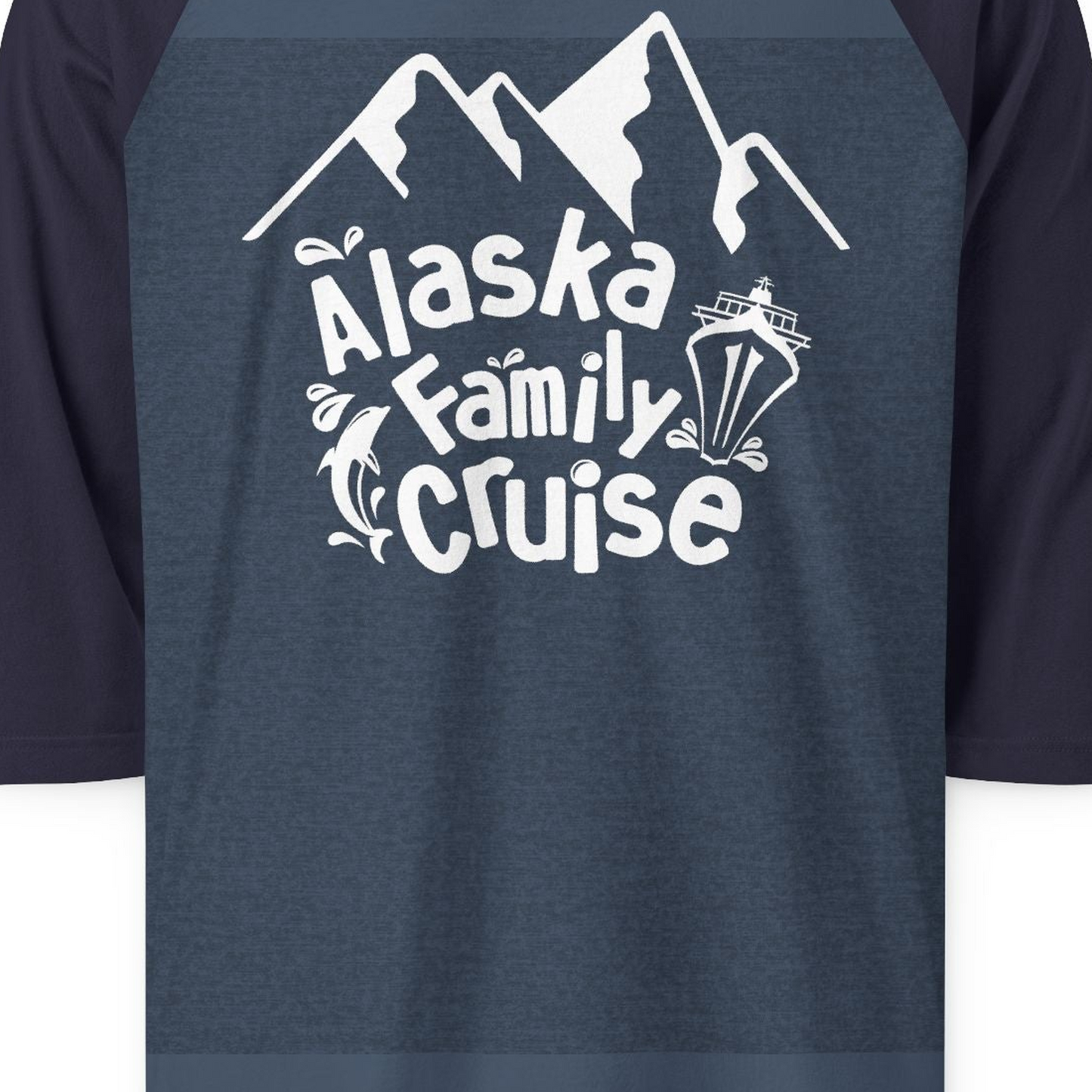 Alaska Family Cruise Adventure Shirt 3/4 Sleeve Raglan Shirt – Heather Denim/Navy – Alaska Cruise Shirts Close Up
