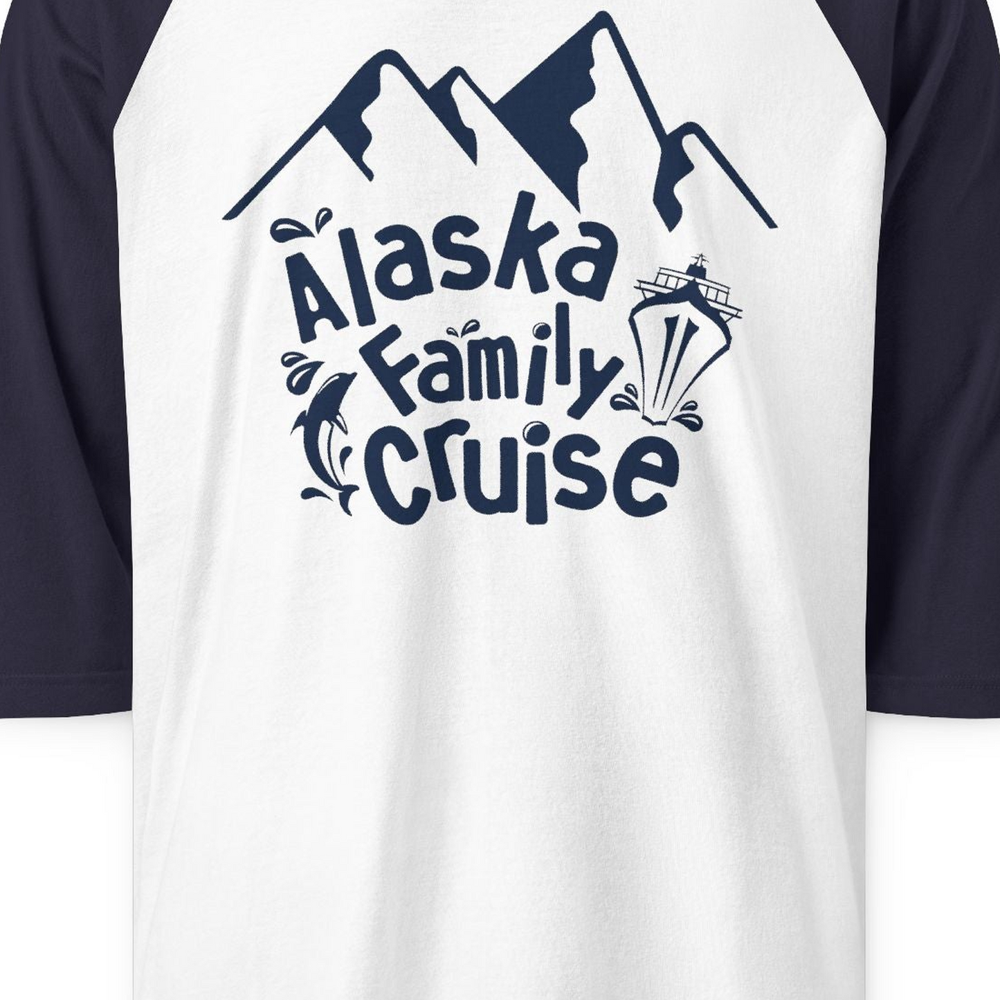 Alaska Family Cruise Adventure Shirt 3/4 Sleeve Raglan Shirt – White/Navy – Alaska Cruise Shirts Close Up