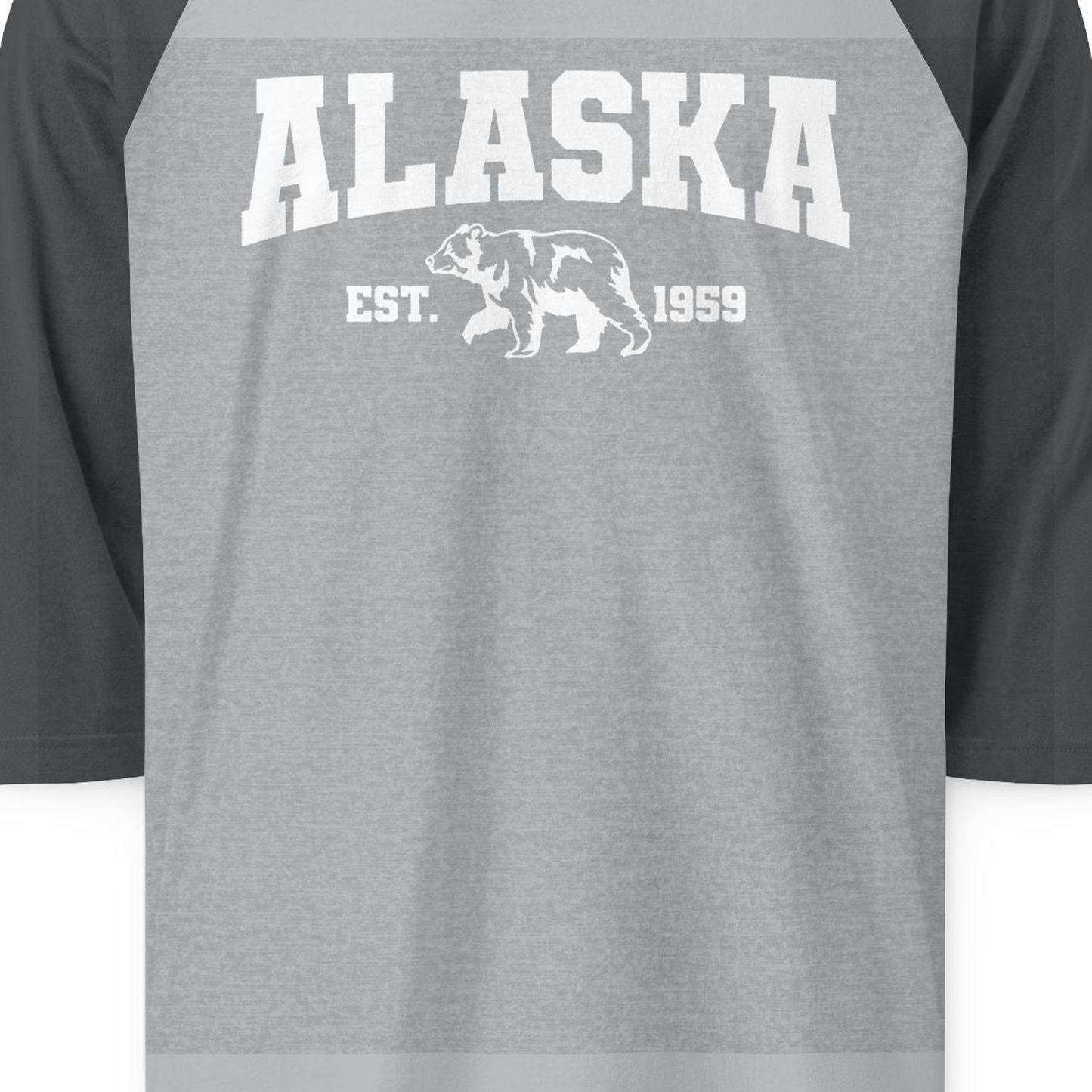 Vintage Alaska Bear Shirt 3/4 Sleeve Raglan Shirt – Heather Grey/Heather Charcoal – Alaska Cruise Shirts Close Up