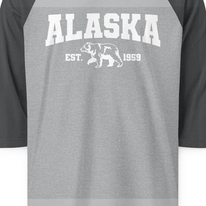 Vintage Alaska Bear Shirt 3/4 Sleeve Raglan Shirt – Heather Grey/Heather Charcoal – Alaska Cruise Shirts Close Up