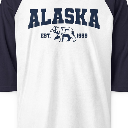 Vintage Alaska Bear Shirt 3/4 Sleeve Raglan Shirt – White/Navy – Alaska Cruise Shirts Close Up