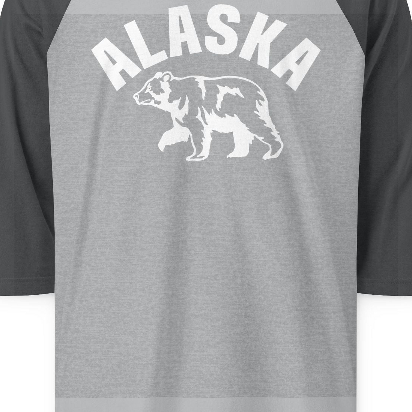 Alaska Bear Silhouette Wildlife Shirt 3/4 Sleeve Raglan Shirt – Heather Grey/Heather Charcoal – Alaska Cruise Shirts Close Up