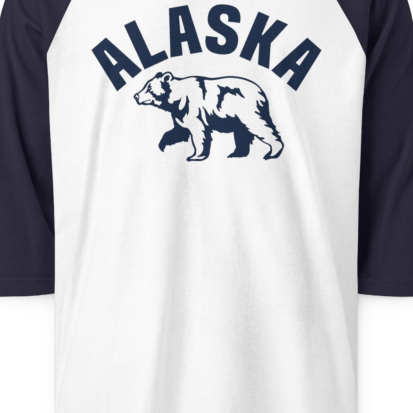 Alaska Bear Silhouette Wildlife Shirt 3/4 Sleeve Raglan Shirt – White/Navy – Alaska Cruise Shirts Close Up