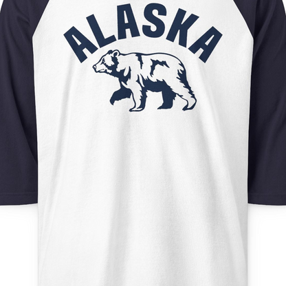 Alaska Bear Silhouette Wildlife Shirt 3/4 Sleeve Raglan Shirt – White/Navy – Alaska Cruise Shirts Close Up