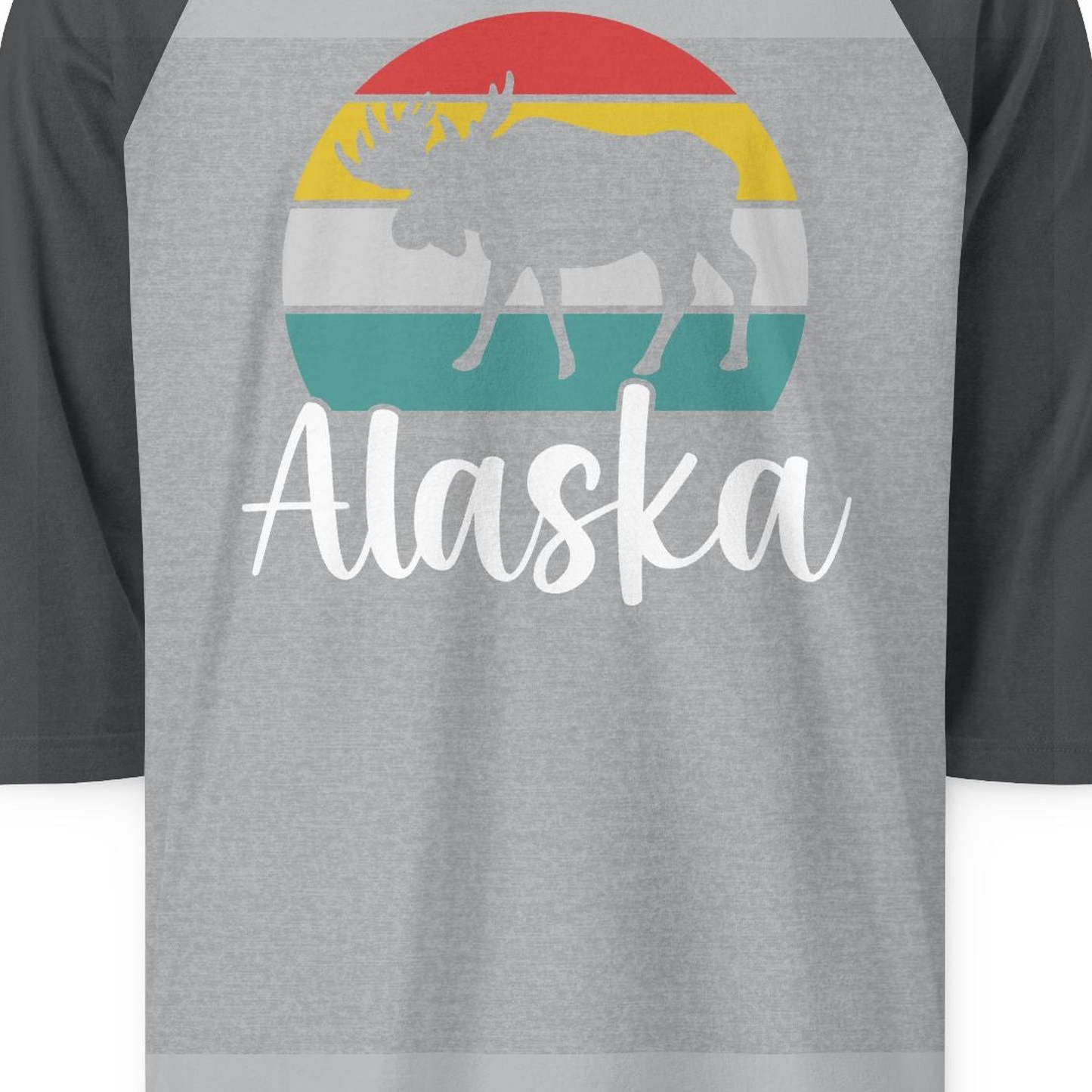 Retro Alaska Moose Silhouette Shirt 3/4 Sleeve Raglan Shirt – Heather Grey/Heather Charcoal – Alaska Cruise Shirts Close Up