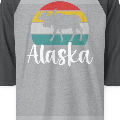 Retro Alaska Moose Silhouette Shirt 3/4 Sleeve Raglan Shirt – Heather Grey/Heather Charcoal – Alaska Cruise Shirts Close Up