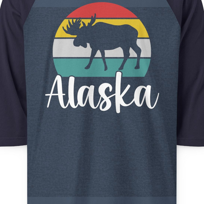 Retro Alaska Moose Silhouette Shirt 3/4 Sleeve Raglan Shirt – Heather Denim/Navy – Alaska Cruise Shirts Close Up