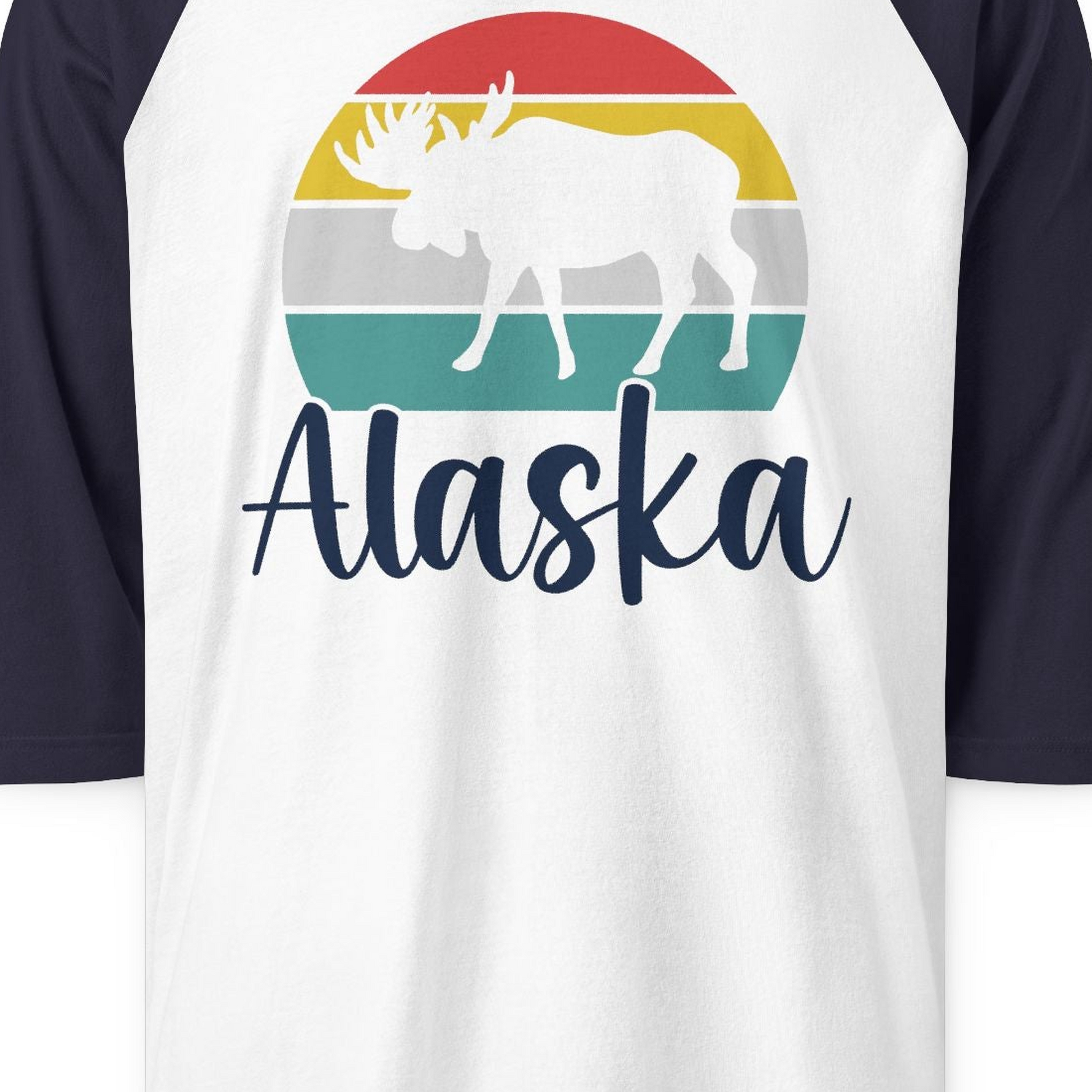 Retro Alaska Moose Silhouette Shirt 3/4 Sleeve Raglan Shirt – White/Navy – Alaska Cruise Shirts Close Up