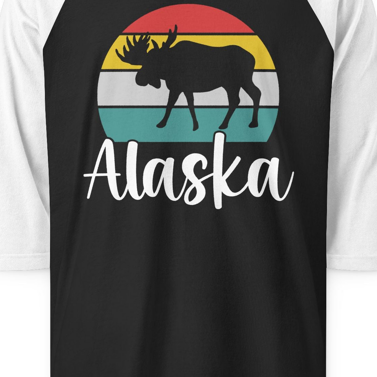 Retro Alaska Moose Silhouette Shirt 3/4 Sleeve Raglan Shirt – Black/White – Alaska Cruise Shirts Close Up