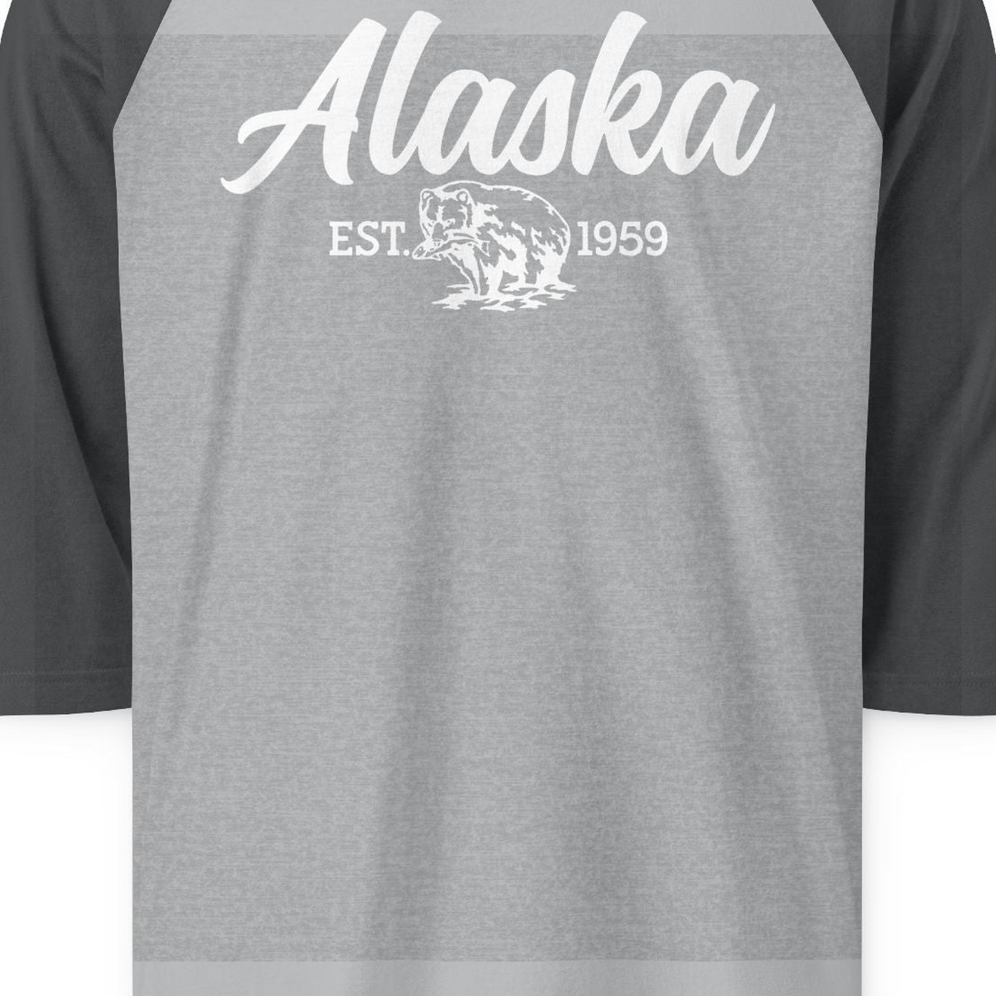 Alaska Bear Est 1959 Vintage Wildlife Graphic Monochrome Shirt — 3/4 Sleeve 3/4 Sleeve Raglan Shirt – Heather Grey/Heather Charcoal – Alaska Cruise Shirts Close Up