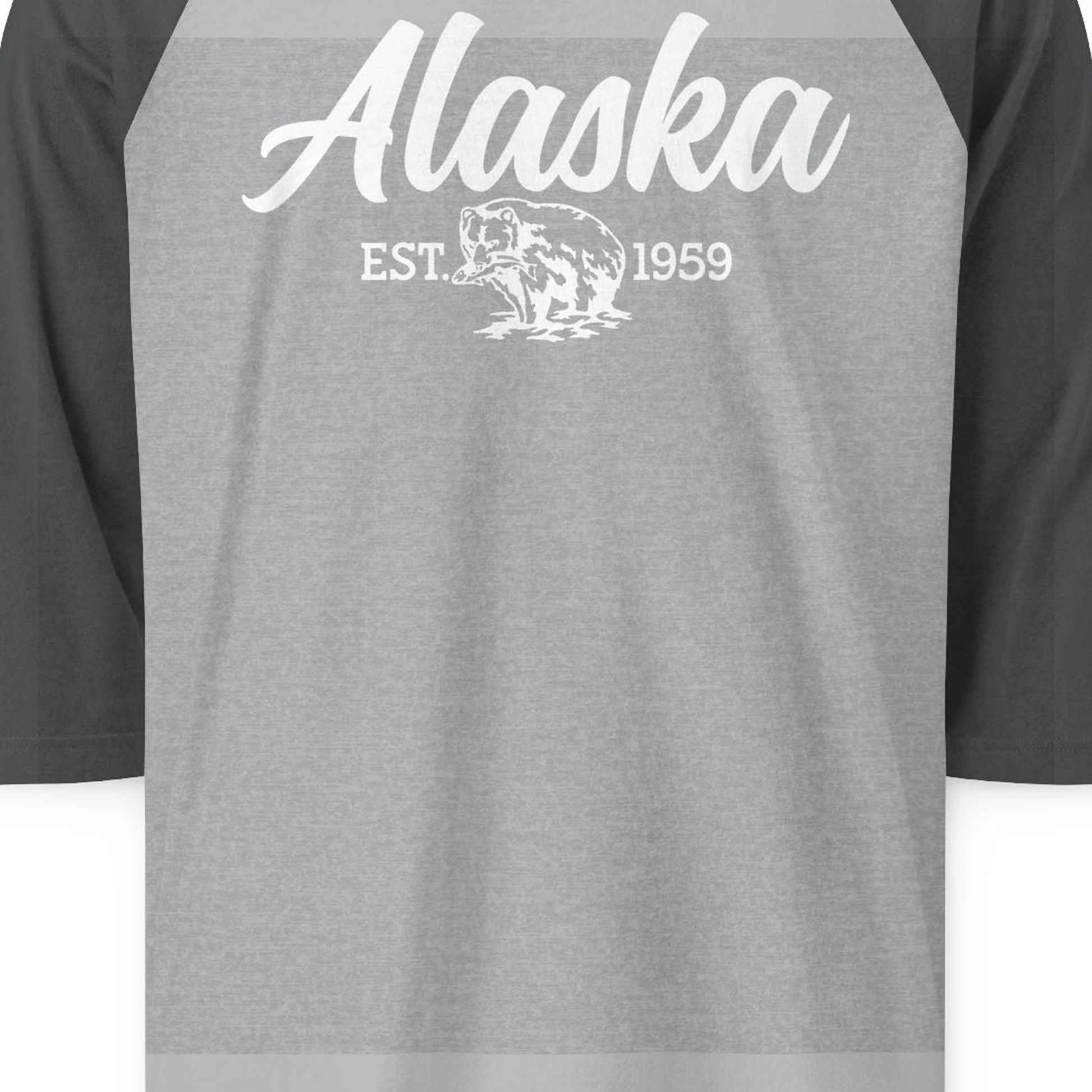Alaska Bear Est 1959 Vintage Wildlife Graphic Monochrome Shirt — 3/4 Sleeve 3/4 Sleeve Raglan Shirt – Heather Grey/Heather Charcoal – Alaska Cruise Shirts Close Up