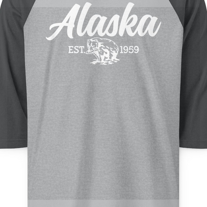 Alaska Bear Est 1959 Vintage Wildlife Graphic Monochrome Shirt — 3/4 Sleeve 3/4 Sleeve Raglan Shirt – Heather Grey/Heather Charcoal – Alaska Cruise Shirts Close Up