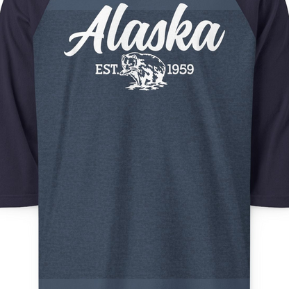 Alaska Bear Est 1959 Vintage Wildlife Graphic Monochrome Shirt — 3/4 Sleeve 3/4 Sleeve Raglan Shirt – Heather Denim/Navy – Alaska Cruise Shirts Close Up