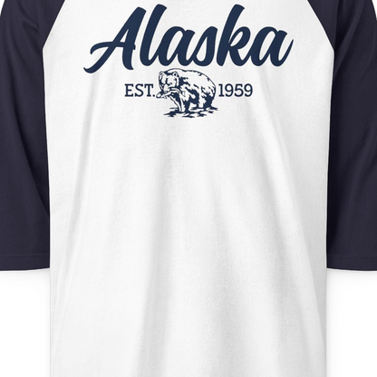 Alaska Bear Est 1959 Vintage Wildlife Graphic Monochrome Shirt — 3/4 Sleeve 3/4 Sleeve Raglan Shirt – White/Navy – Alaska Cruise Shirts Close Up