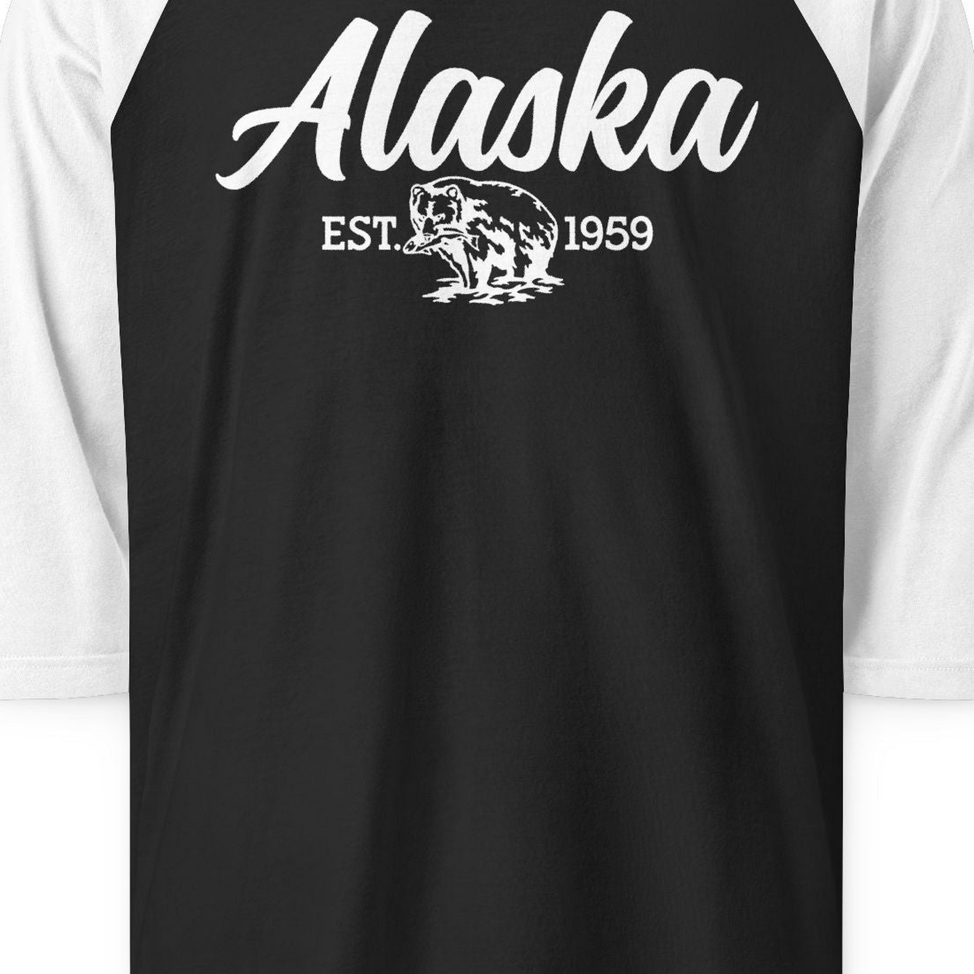 Alaska Bear Est 1959 Vintage Wildlife Graphic Monochrome Shirt — 3/4 Sleeve 3/4 Sleeve Raglan Shirt – Black/White – Alaska Cruise Shirts Close Up