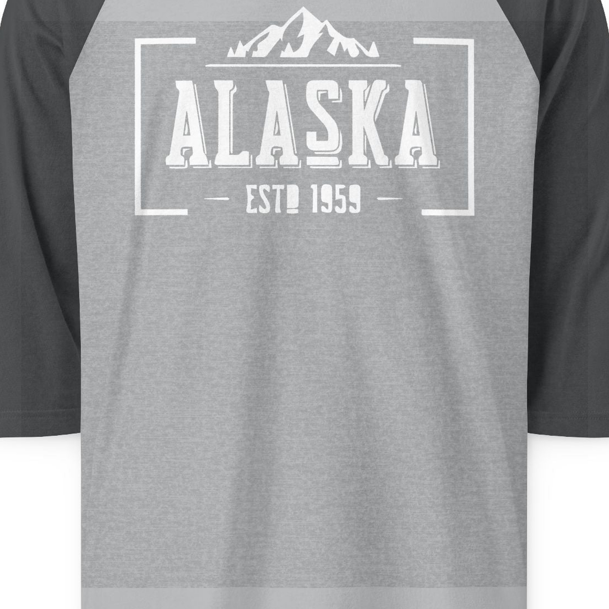 Alaska Mountain Vintage Shirt 3/4 Sleeve Raglan Shirt – Heather Grey/Heather Charcoal – Alaska Cruise Shirts Close Up