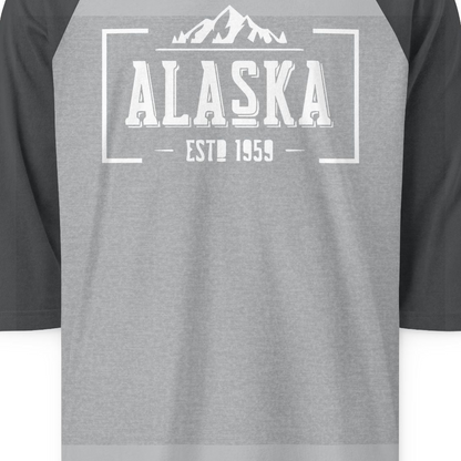 Alaska Mountain Vintage Shirt 3/4 Sleeve Raglan Shirt – Heather Grey/Heather Charcoal – Alaska Cruise Shirts Close Up