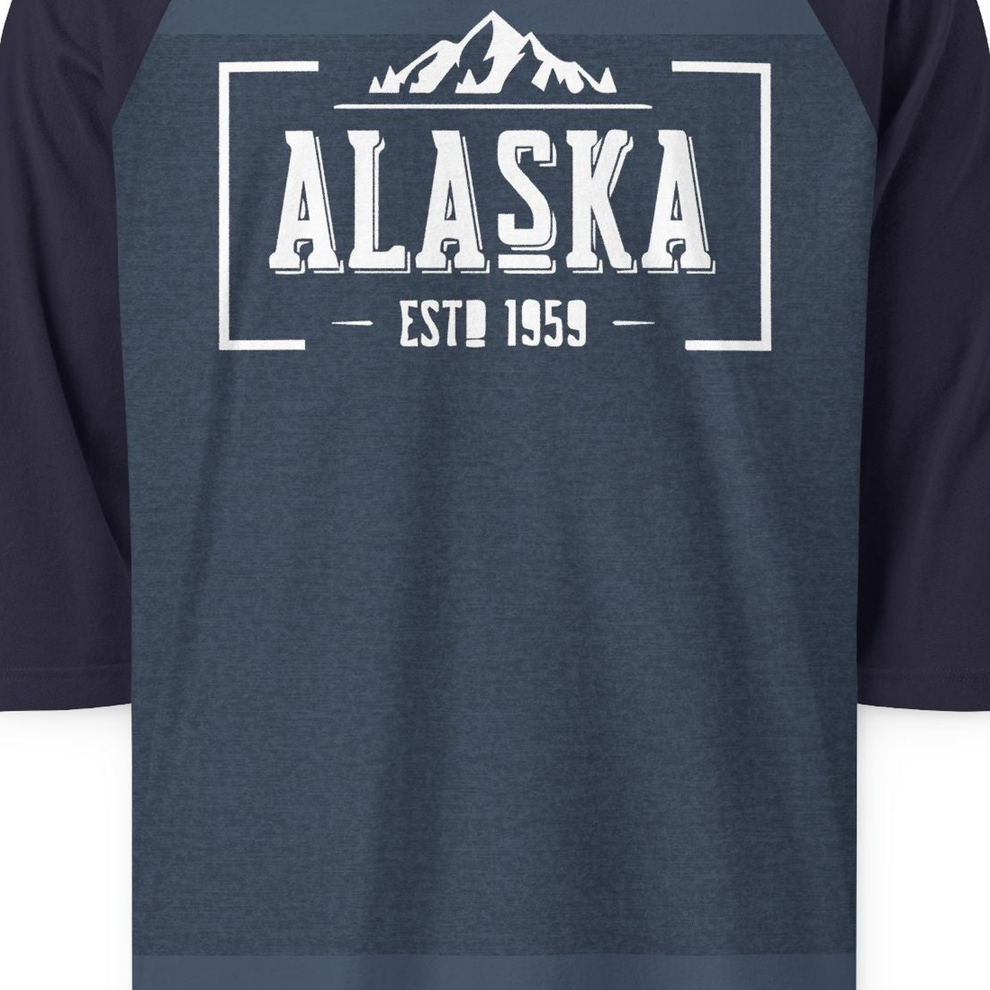 Alaska Mountain Vintage Shirt 3/4 Sleeve Raglan Shirt – Heather Denim/Navy – Alaska Cruise Shirts Close Up