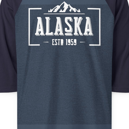 Alaska Mountain Vintage Shirt 3/4 Sleeve Raglan Shirt – Heather Denim/Navy – Alaska Cruise Shirts Close Up