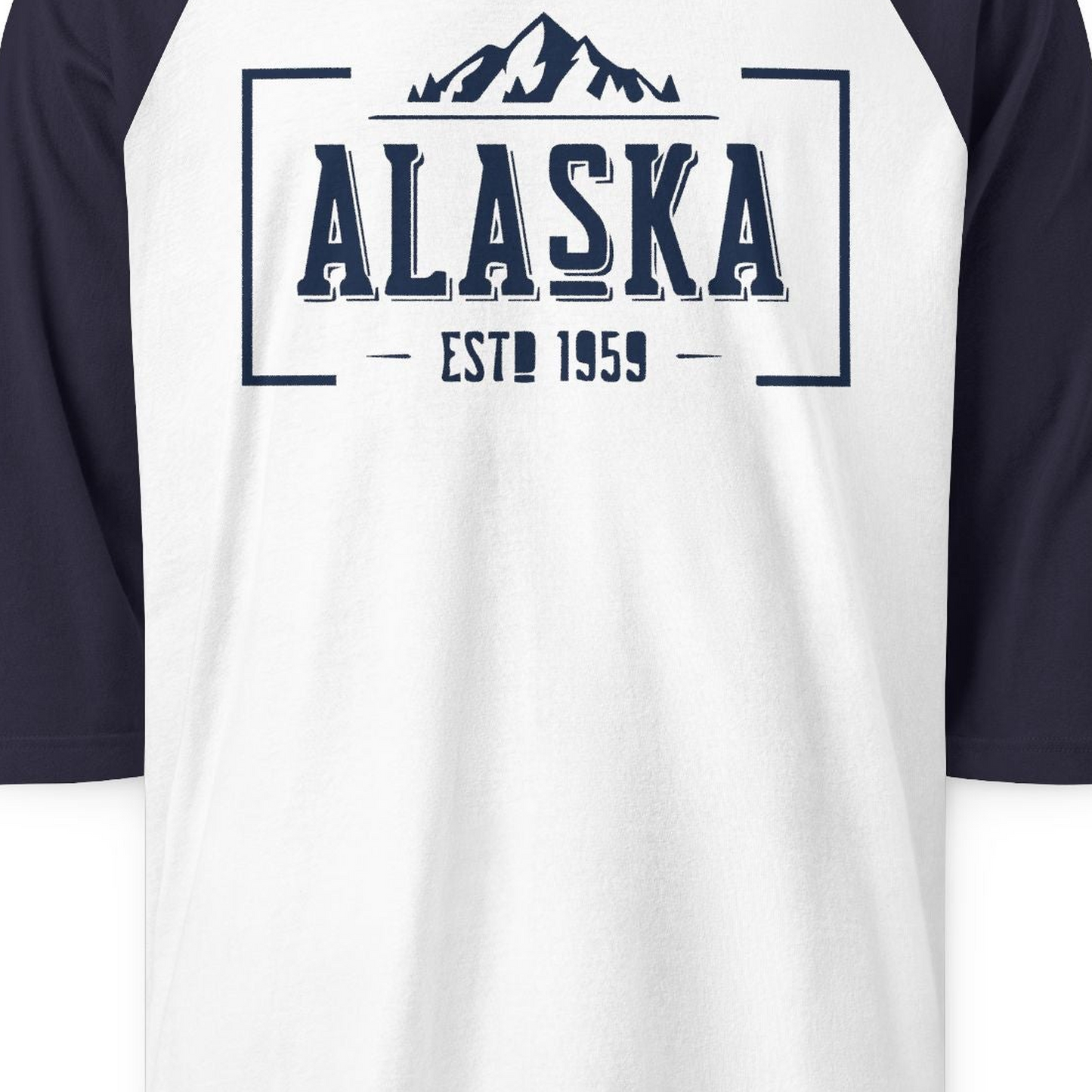Alaska Mountain Vintage Shirt 3/4 Sleeve Raglan Shirt – White/Navy – Alaska Cruise Shirts Close Up